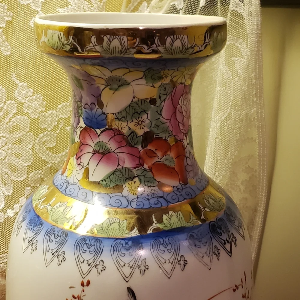 Vtg Mid Century J S Chinese Floral/Bird/Gold Accents Vase 14
